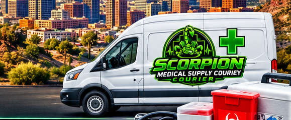 Scorpion Medical Supply Courier van in front of the Phoenix skyline
